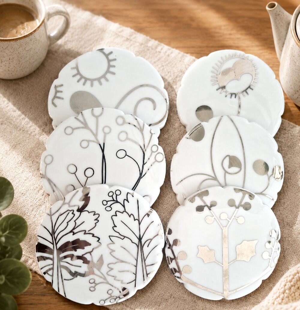 Botanical Porcelain Coasters Set of 6 Metallic Leaf Fall Autumn Harvest Decor